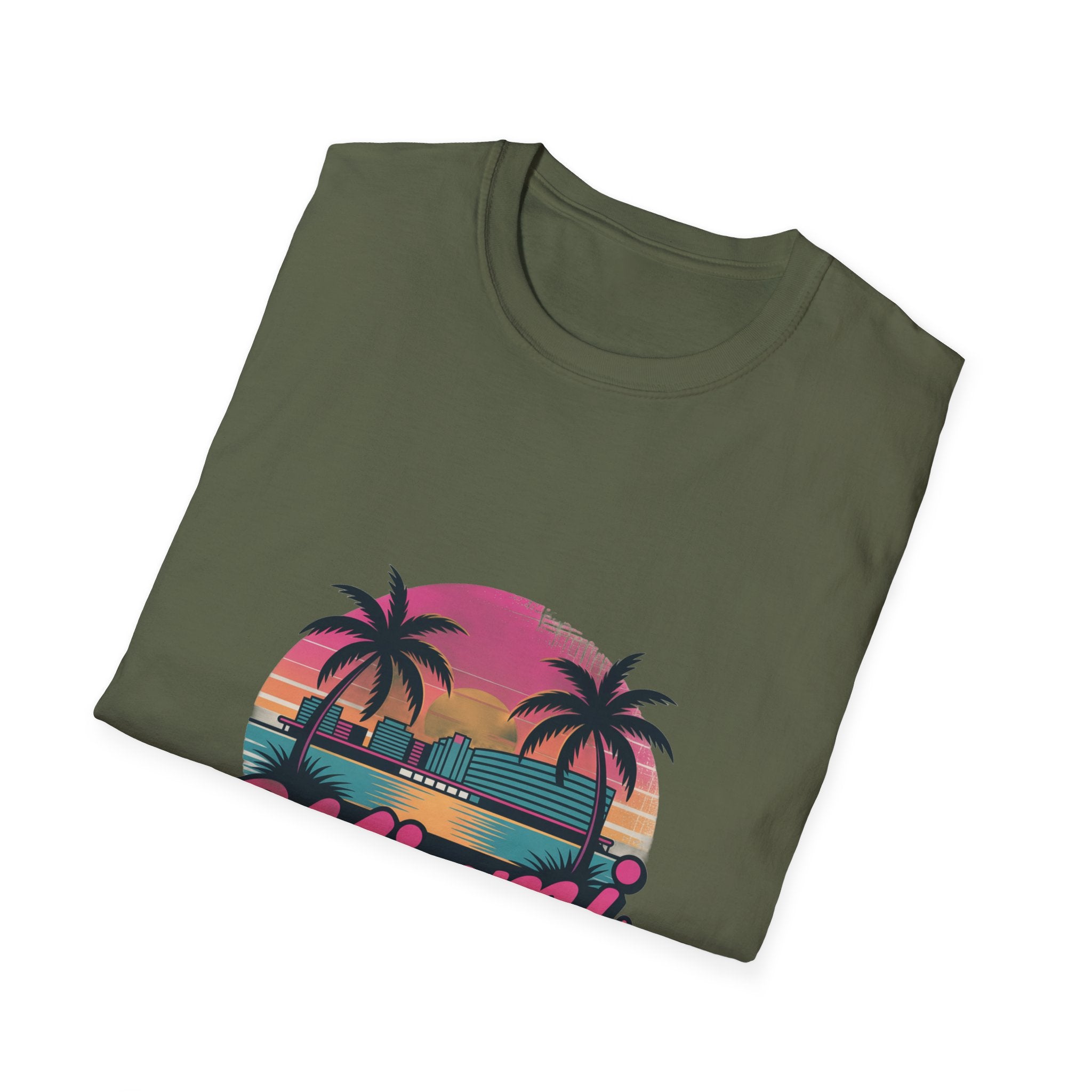 Miami Sunset Unisex Softstyle T-Shirt, Tropical Tee, Beachwear, Vacation Shirt, Summer Gift, Casual Outfit, Travel Apparel