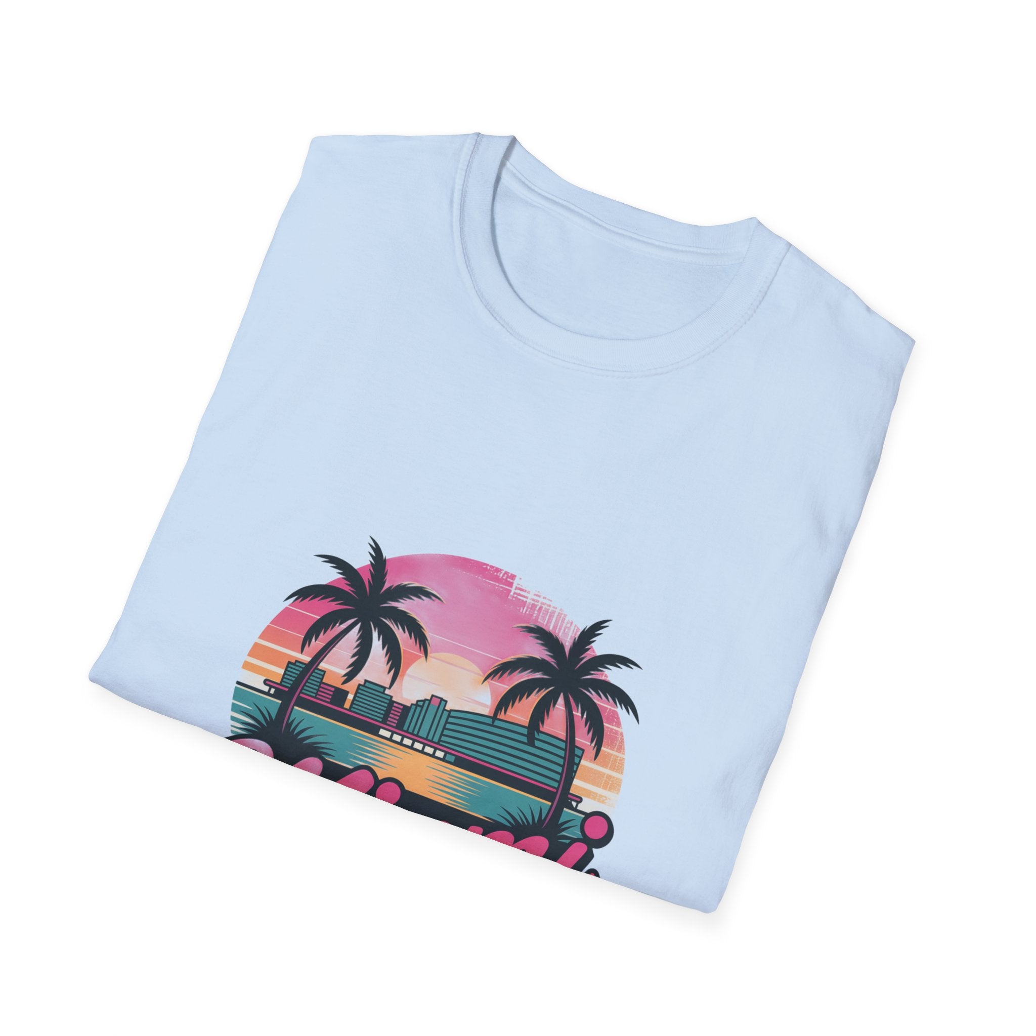 Miami Sunset Unisex Softstyle T-Shirt, Tropical Tee, Beachwear, Vacation Shirt, Summer Gift, Casual Outfit, Travel Apparel