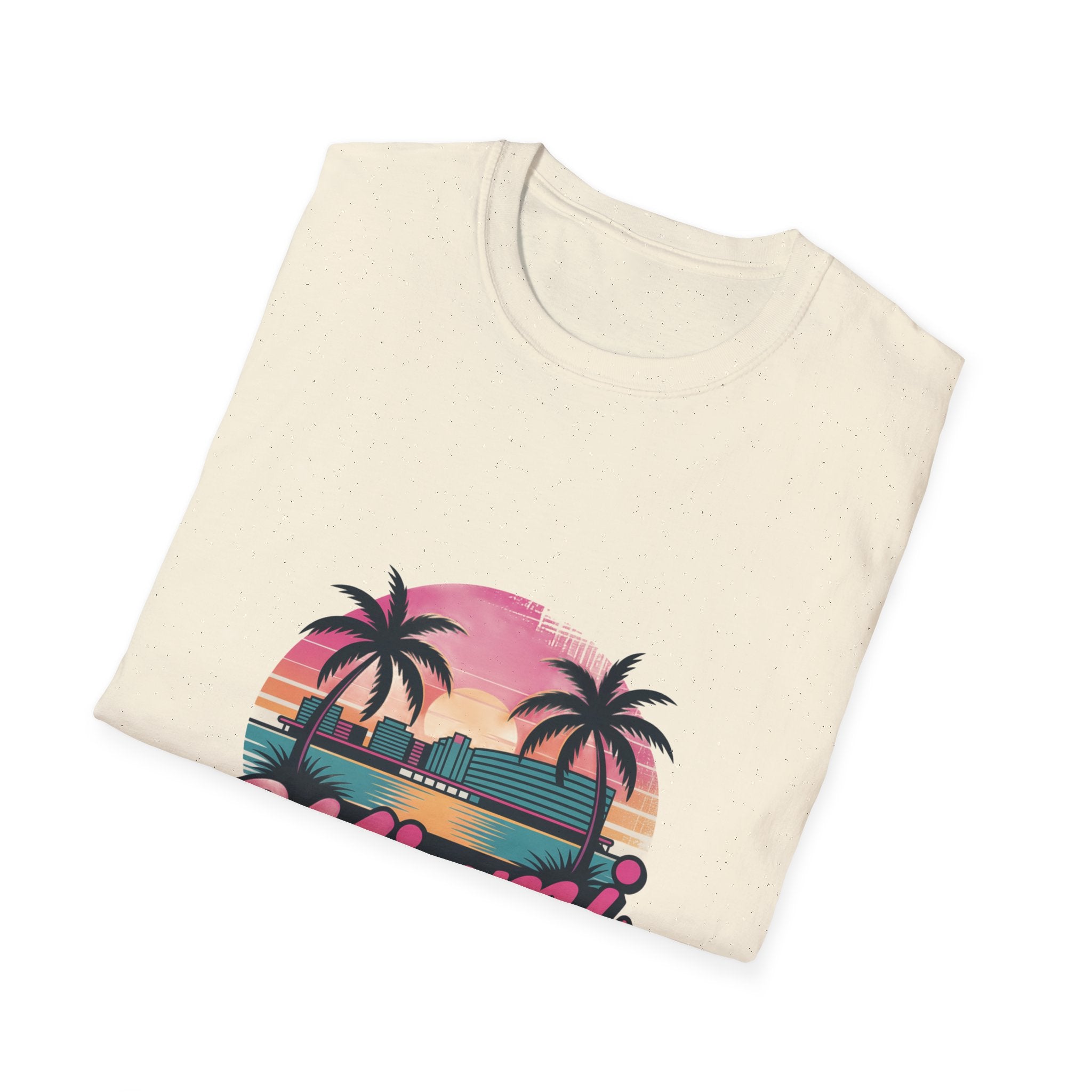 Miami Sunset Unisex Softstyle T-Shirt, Tropical Tee, Beachwear, Vacation Shirt, Summer Gift, Casual Outfit, Travel Apparel