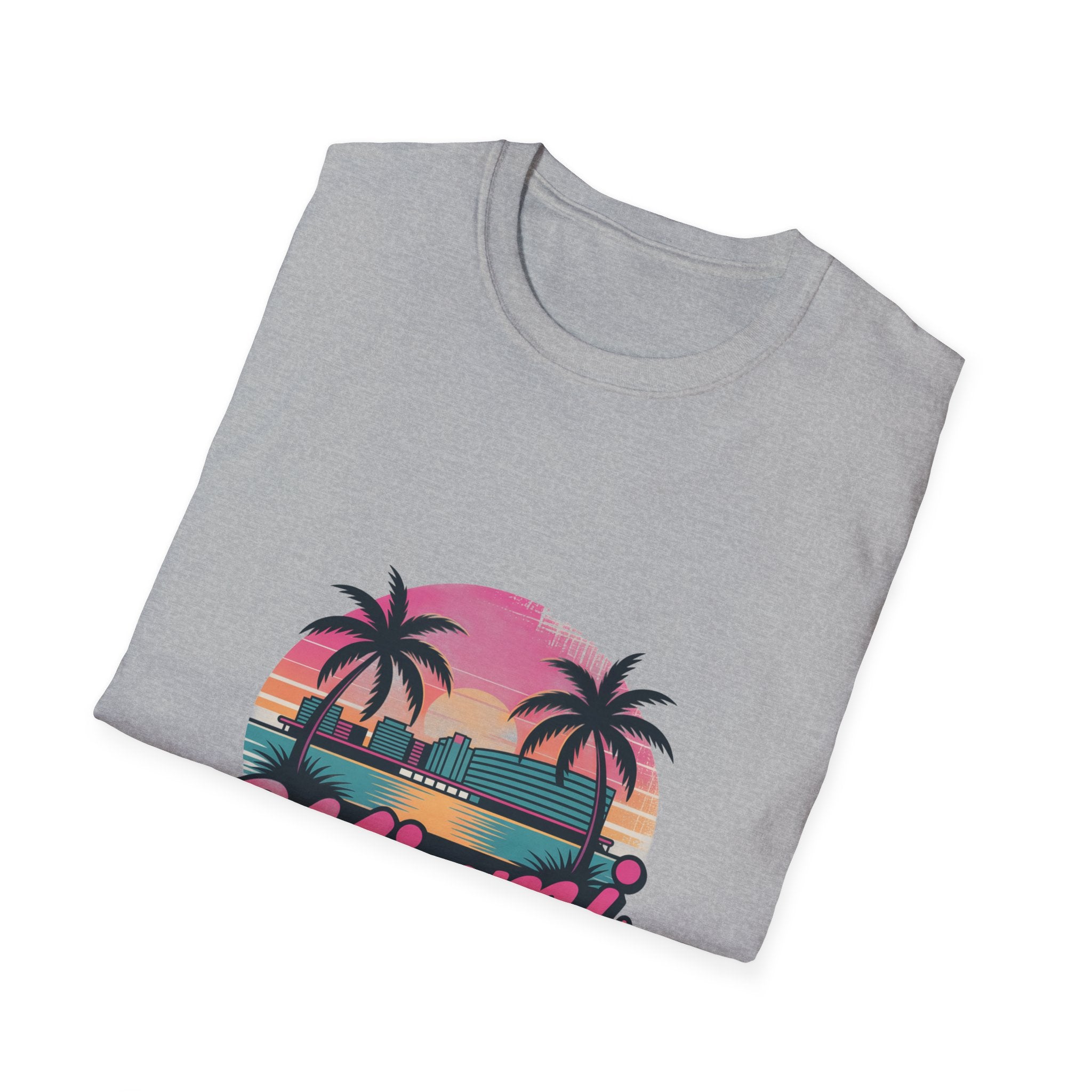 Miami Sunset Unisex Softstyle T-Shirt, Tropical Tee, Beachwear, Vacation Shirt, Summer Gift, Casual Outfit, Travel Apparel