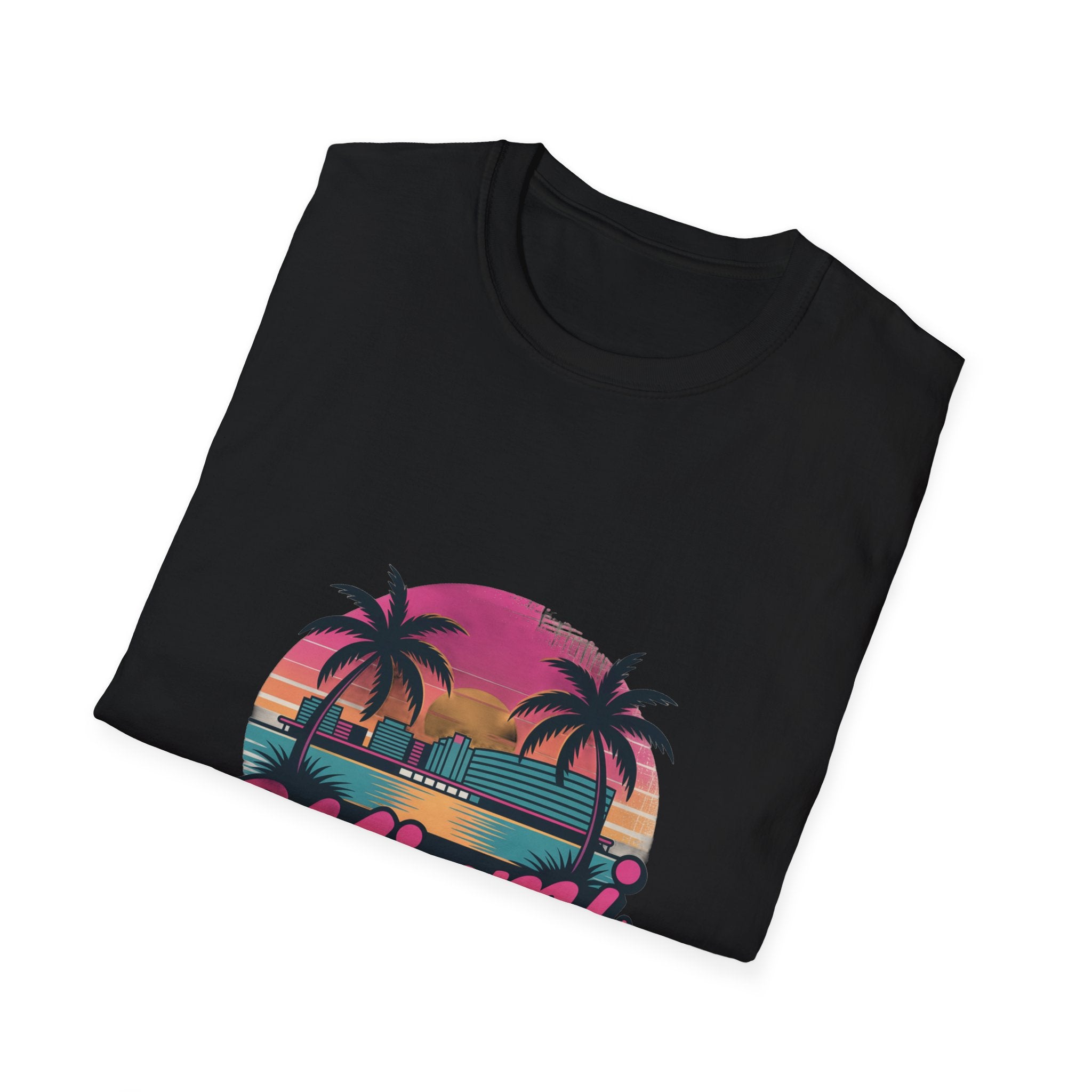 Miami Sunset Unisex Softstyle T-Shirt, Tropical Tee, Beachwear, Vacation Shirt, Summer Gift, Casual Outfit, Travel Apparel