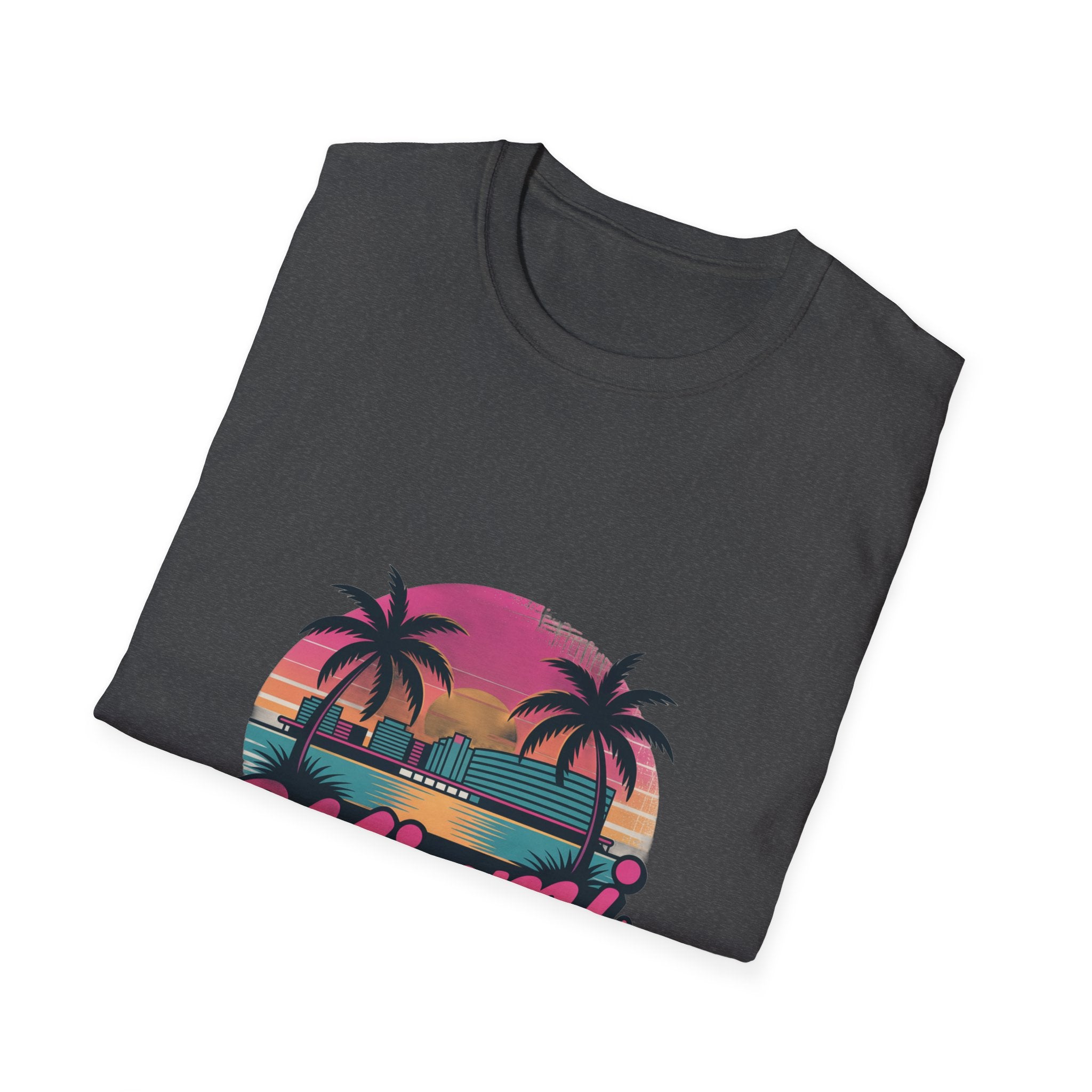 Miami Sunset Unisex Softstyle T-Shirt, Tropical Tee, Beachwear, Vacation Shirt, Summer Gift, Casual Outfit, Travel Apparel