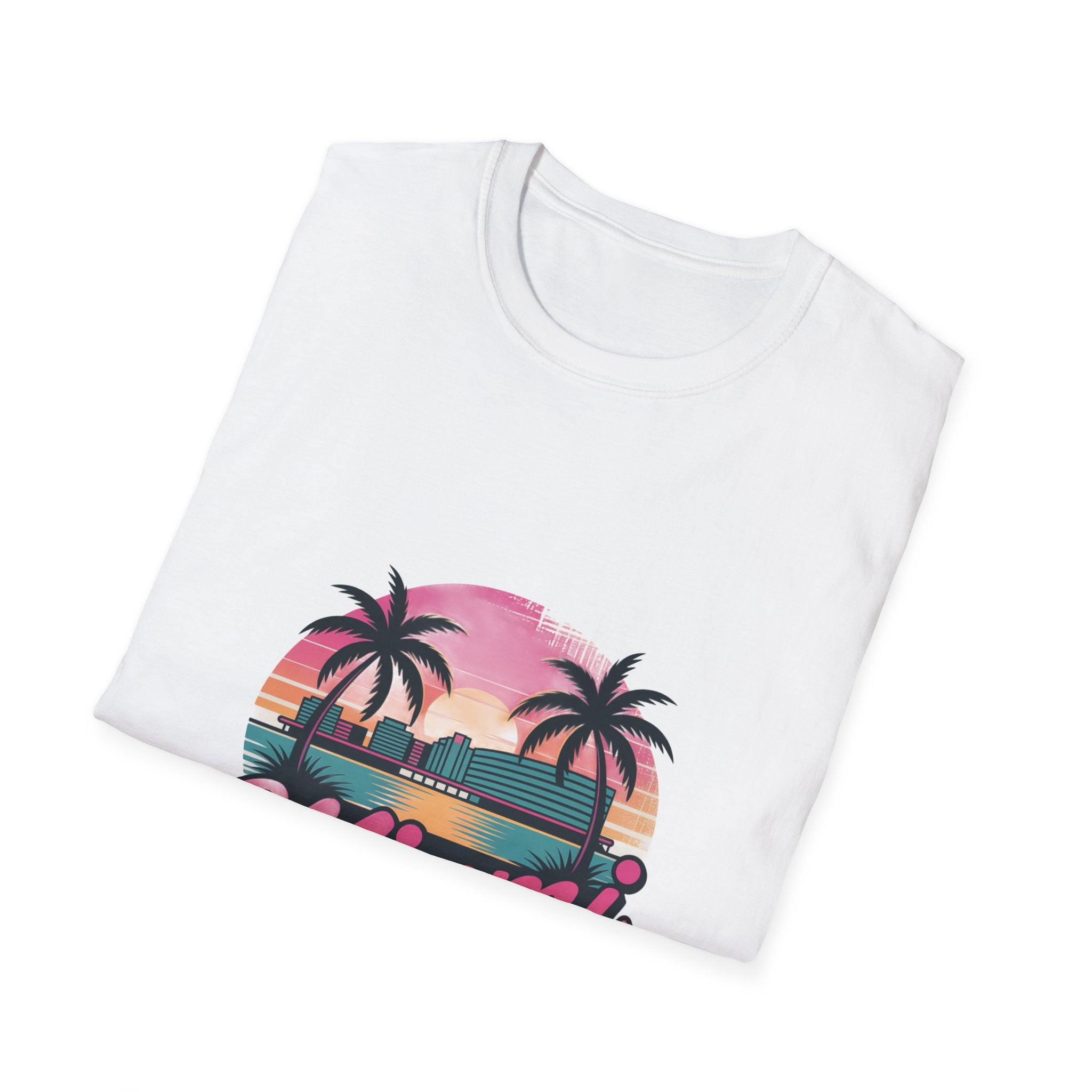 Miami Sunset Unisex Softstyle T-Shirt, Tropical Tee, Beachwear, Vacation Shirt, Summer Gift, Casual Outfit, Travel Apparel