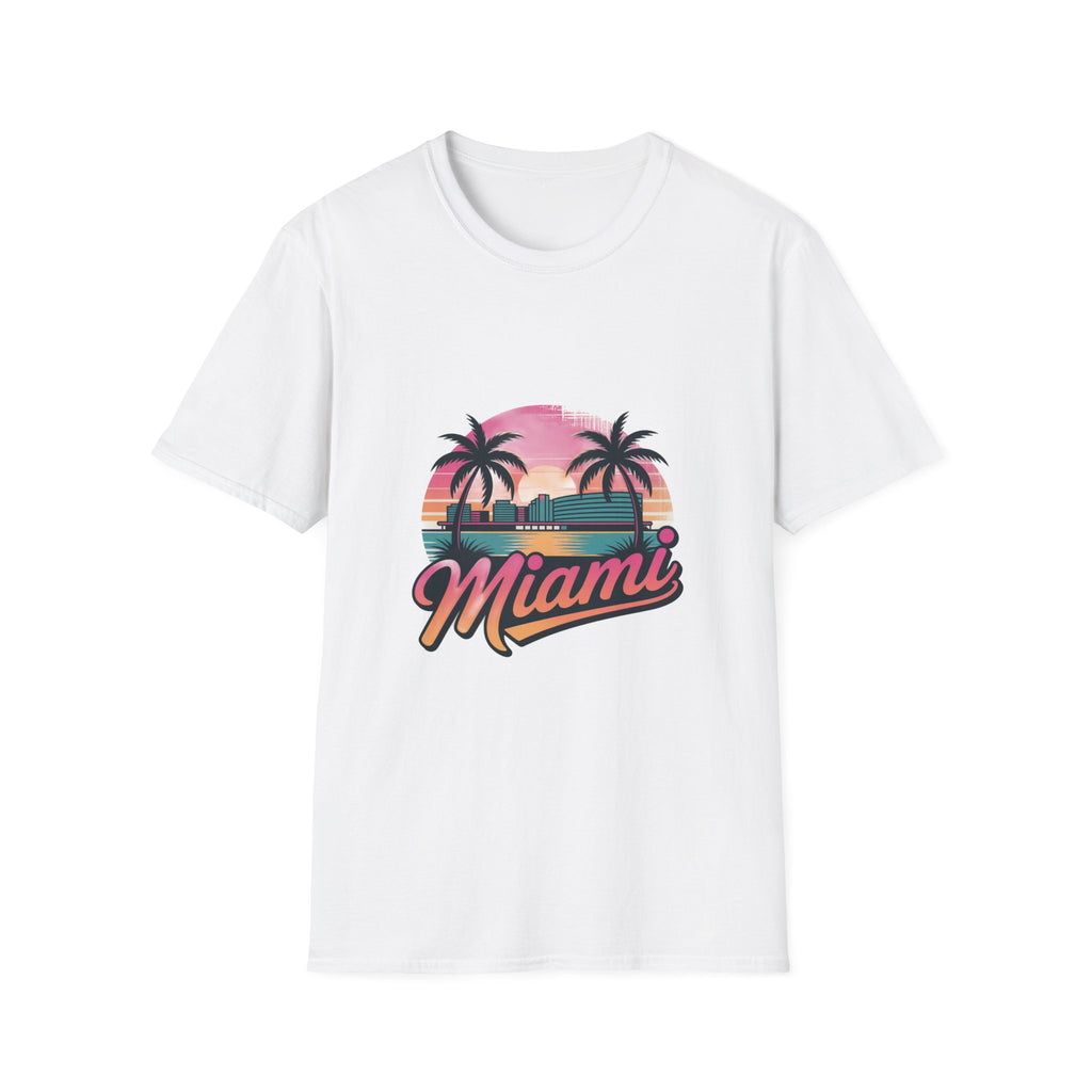 Miami Sunset Unisex Softstyle T-Shirt, Tropical Tee, Beachwear, Vacation Shirt, Summer Gift, Casual Outfit, Travel Apparel