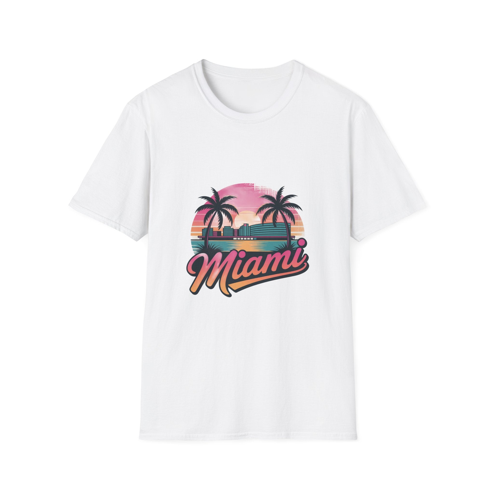 Miami Sunset Unisex Softstyle T-Shirt, Tropical Tee, Beachwear, Vacation Shirt, Summer Gift, Casual Outfit, Travel Apparel