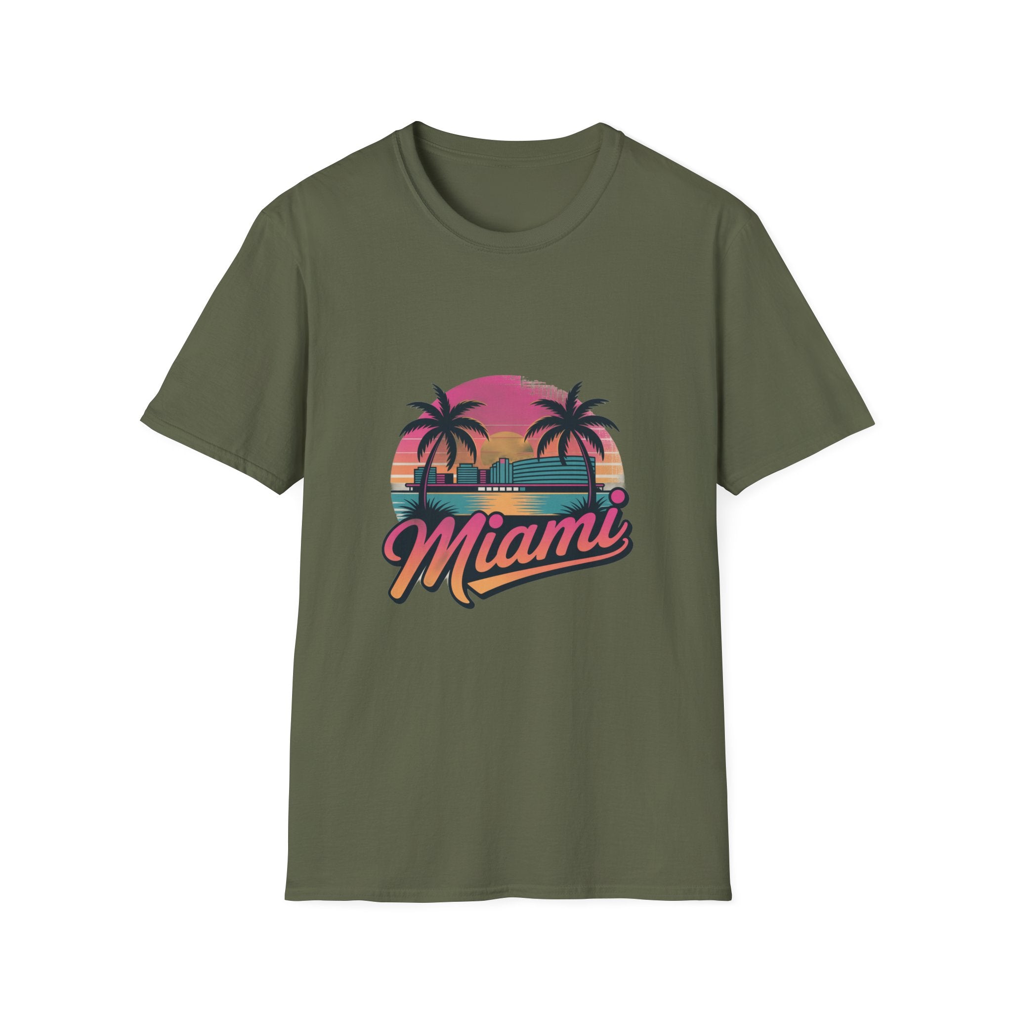 Miami Sunset Unisex Softstyle T-Shirt, Tropical Tee, Beachwear, Vacation Shirt, Summer Gift, Casual Outfit, Travel Apparel