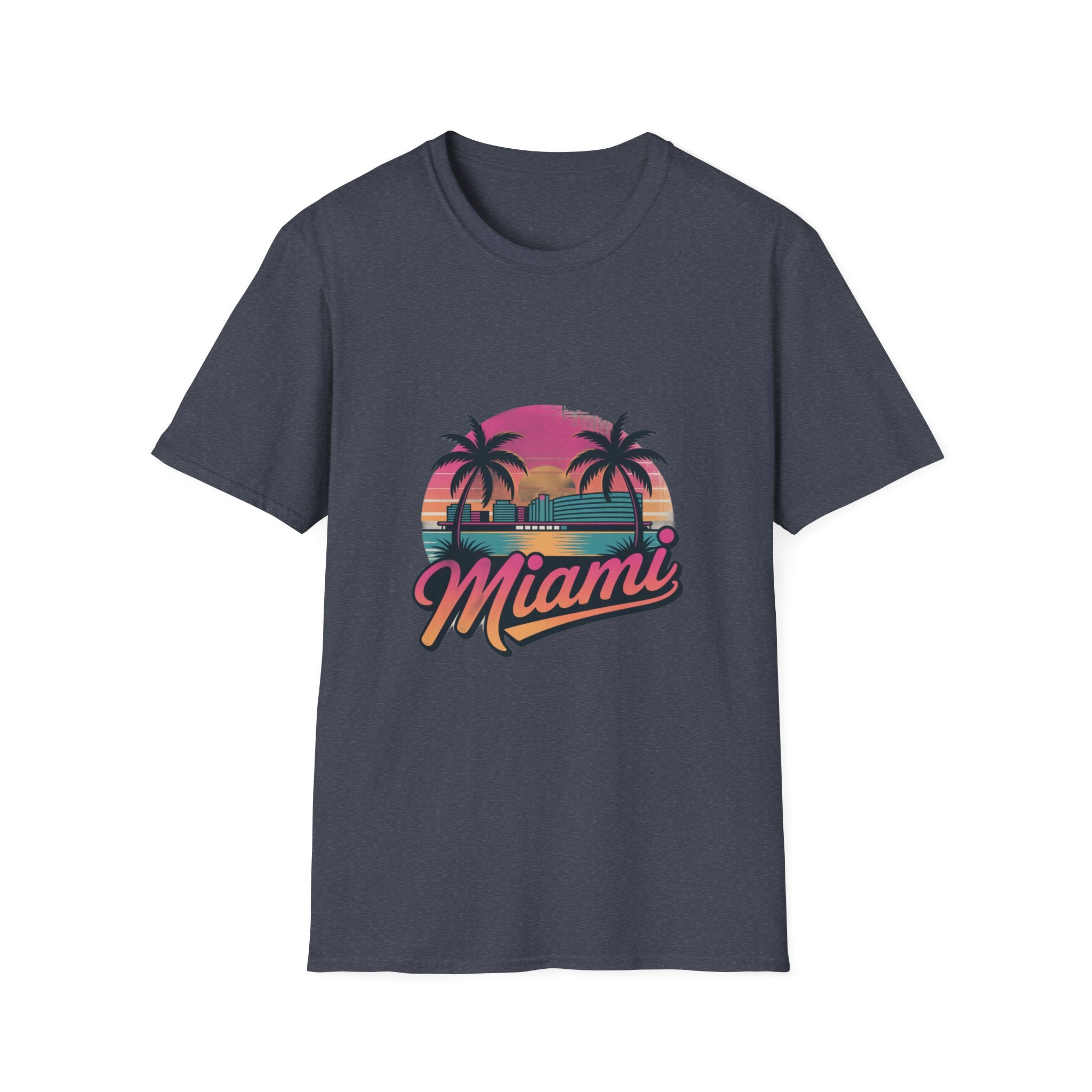 Miami Sunset Unisex Softstyle T-Shirt, Tropical Tee, Beachwear, Vacation Shirt, Summer Gift, Casual Outfit, Travel Apparel