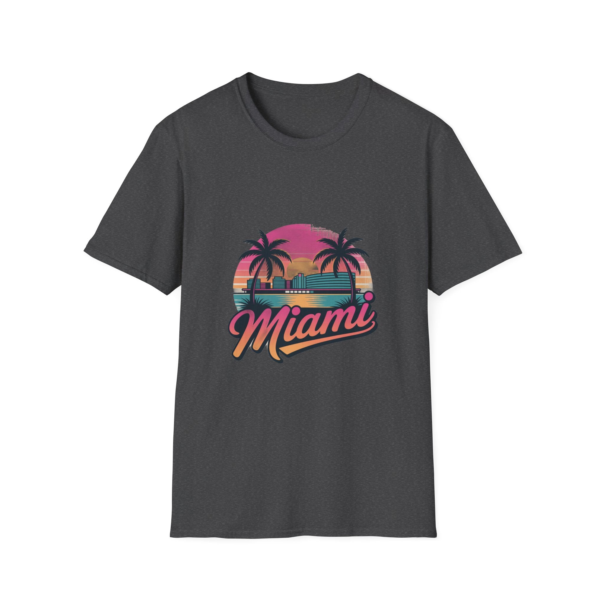 Miami Sunset Unisex Softstyle T-Shirt, Tropical Tee, Beachwear, Vacation Shirt, Summer Gift, Casual Outfit, Travel Apparel
