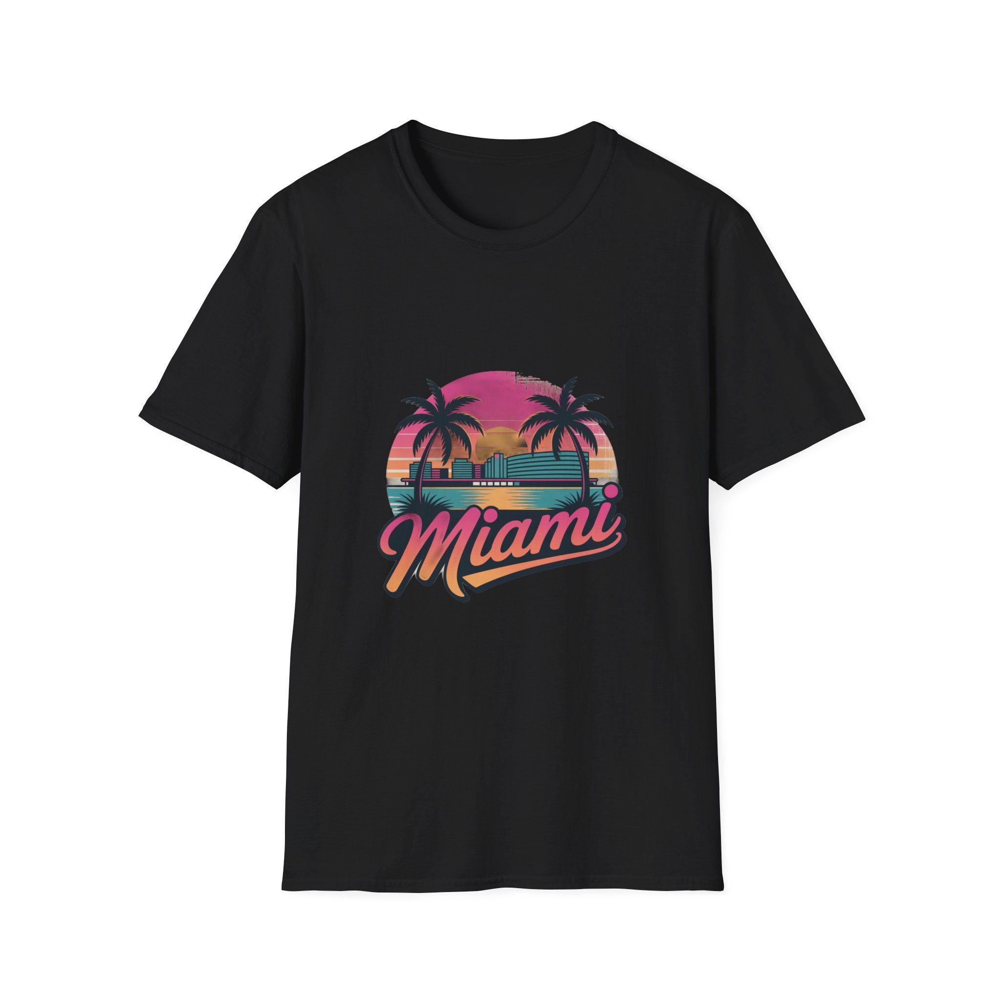 Miami Sunset Unisex Softstyle T-Shirt, Tropical Tee, Beachwear, Vacation Shirt, Summer Gift, Casual Outfit, Travel Apparel