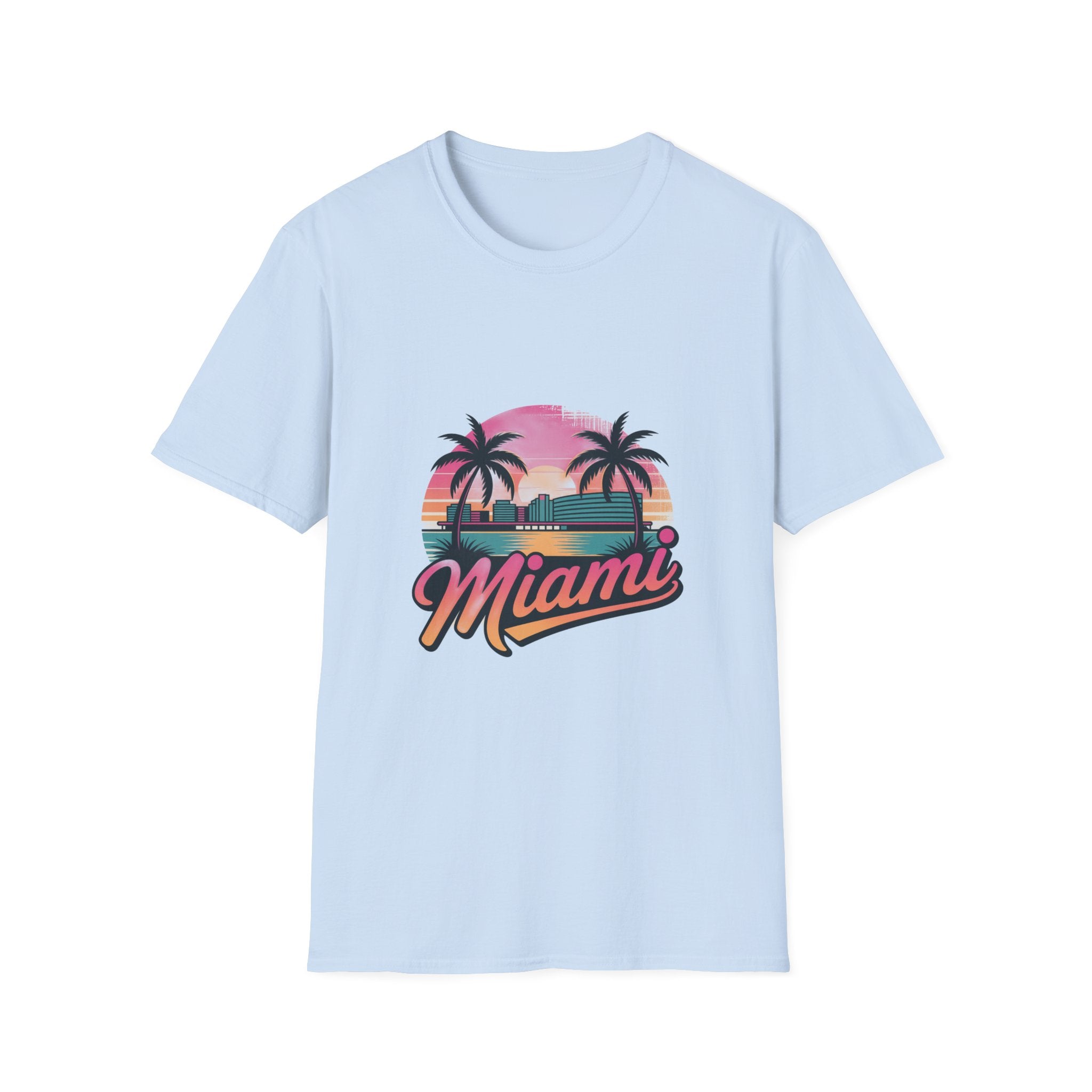 Miami Sunset Unisex Softstyle T-Shirt, Tropical Tee, Beachwear, Vacation Shirt, Summer Gift, Casual Outfit, Travel Apparel