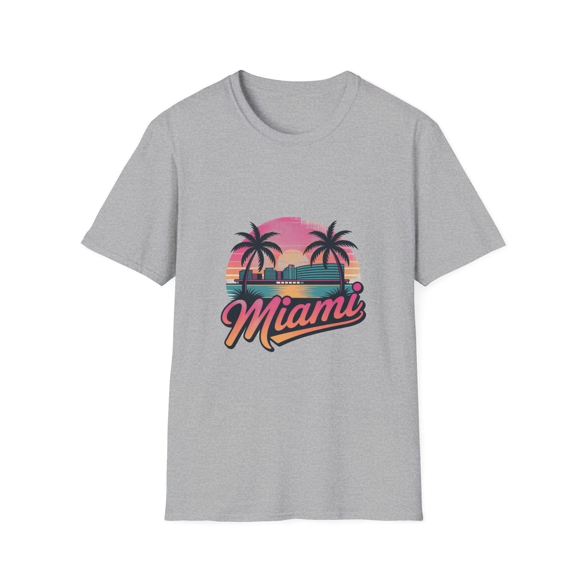 Miami Sunset Unisex Softstyle T-Shirt, Tropical Tee, Beachwear, Vacation Shirt, Summer Gift, Casual Outfit, Travel Apparel