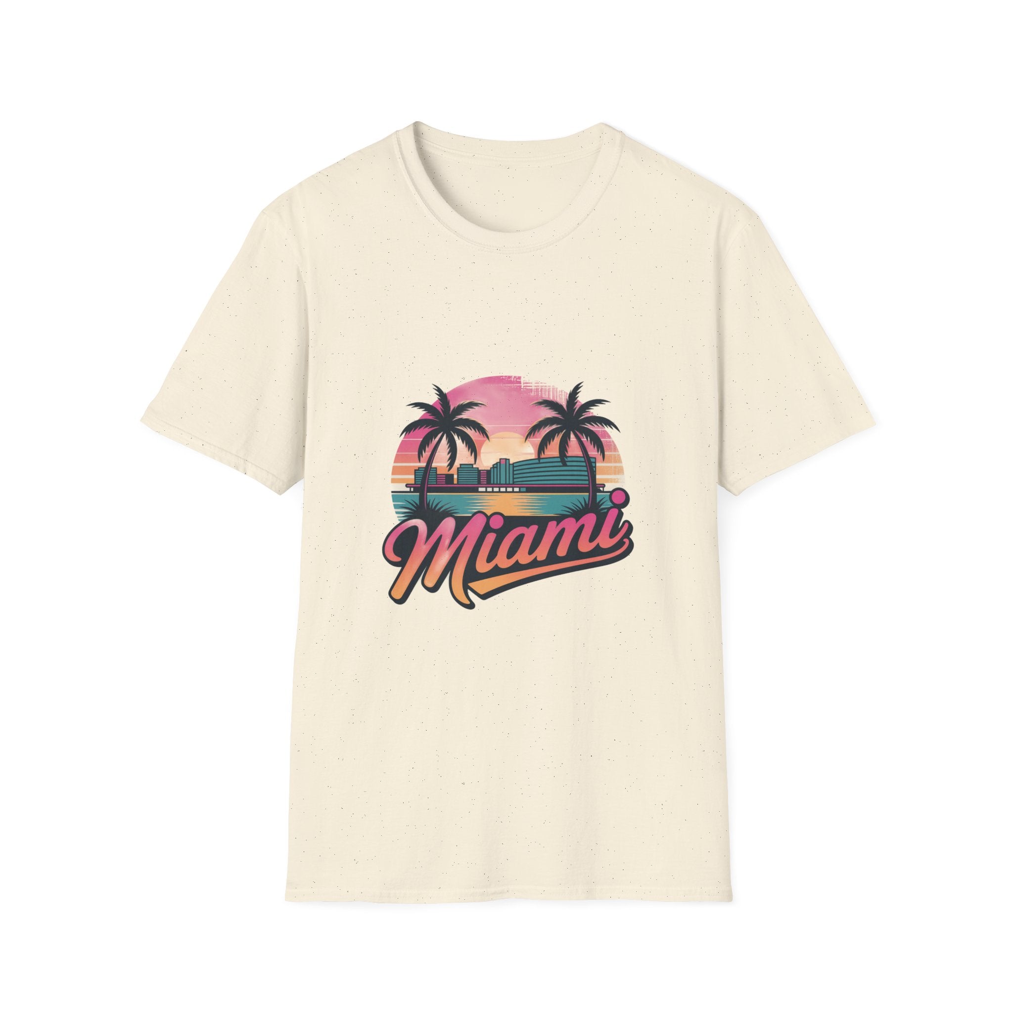 Miami Sunset Unisex Softstyle T-Shirt, Tropical Tee, Beachwear, Vacation Shirt, Summer Gift, Casual Outfit, Travel Apparel